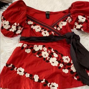 Cropped puffy sleeve deep v neck top